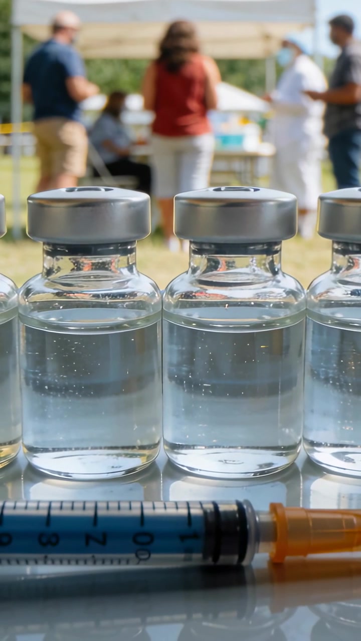 Vertical video: Keeping camera focused on 3 vials and syringe at tent as staff in white approaching