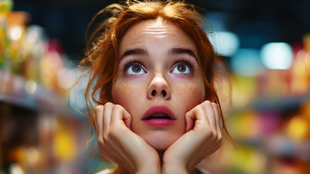 A Young Woman with Red Hair Looks Upward with a Pensive Expression, Her Fingers Tightly Pressing Against Her Chin, Surrounded by Colorful Product Shelves in a Busy Store