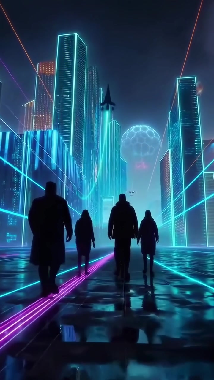 Sagome di persone che camminano in una città cyberpunk futuristica con luci al neon