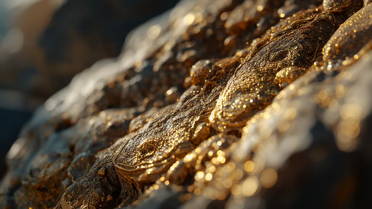 Drifting particle in upper left leading camera panning on golden-brown ridges revealing droplets