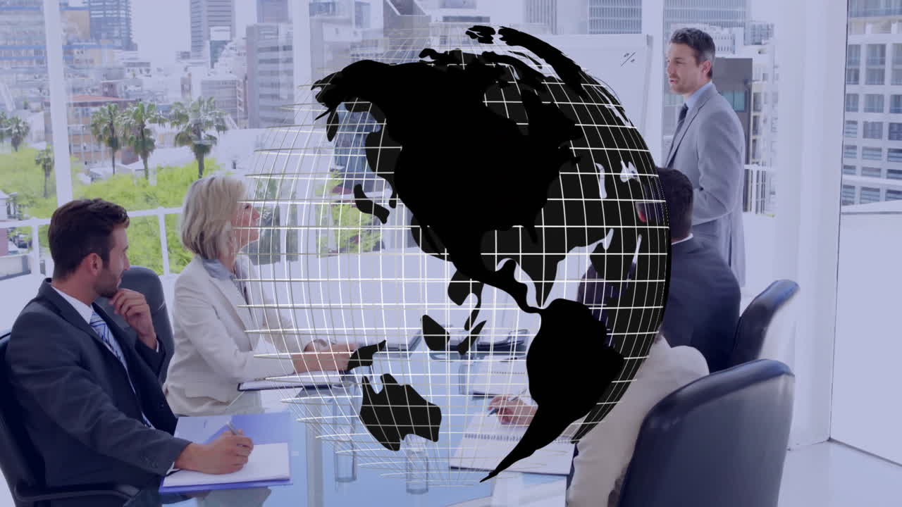 In office, business meeting with globe animation overlay, team discussing strategy
