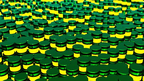 muchos cilindros metálicos con elementos amarillos luminosos se mueven como ondas. movimiento simple bucle gráfico fondo animado