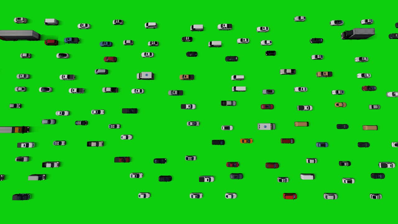Heavy Traffic Of 3D Cars, Upper View 4K, Green Screen Chromakey