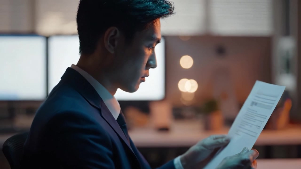 Focused Professional Analyzing Document in a Dimly Lit Office, Highlighting Concentration and Contemplation in a Business Environment