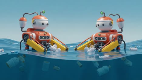 adorable robots working together in a vibrant blue sea, cleaning up plastic waste and debris, showcasing futuristic technology and environmental responsibility