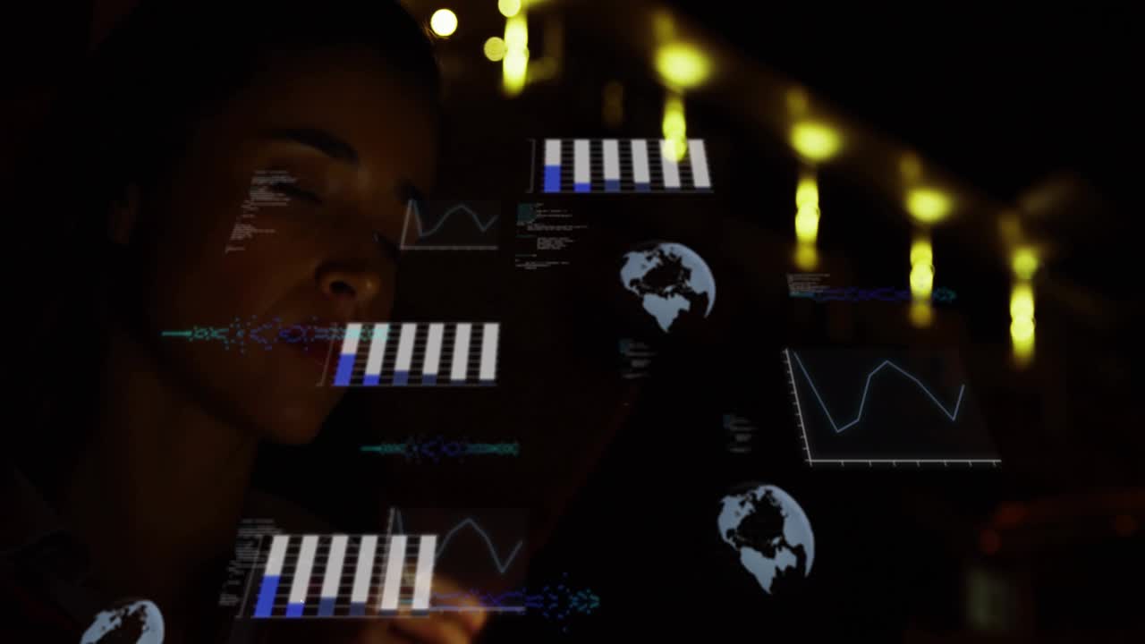 Woman entering hand into holographic interface in tech lab, tapping chart analyzing data insights