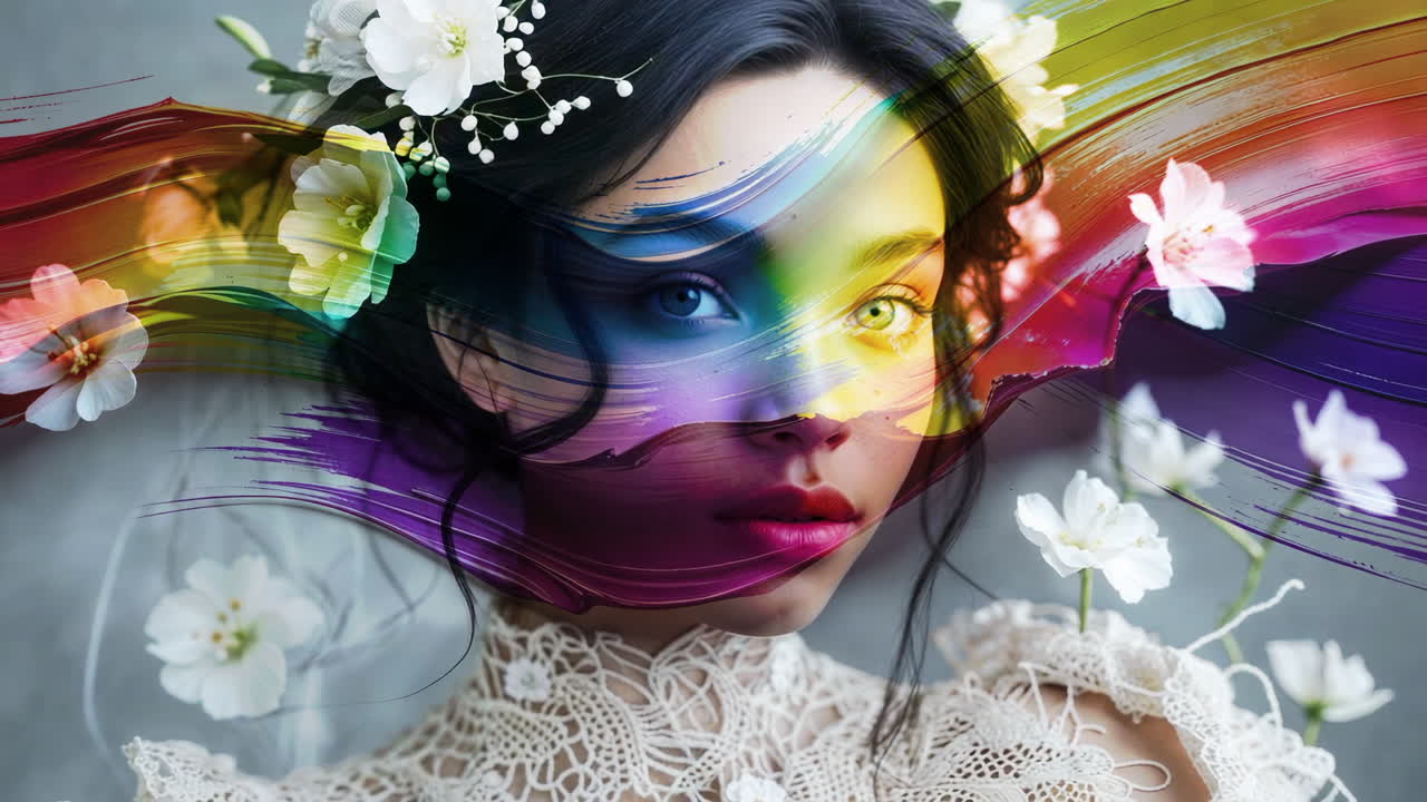 Vibrant Artistic Portrait of a Woman with Rainbow Hues and Flowers