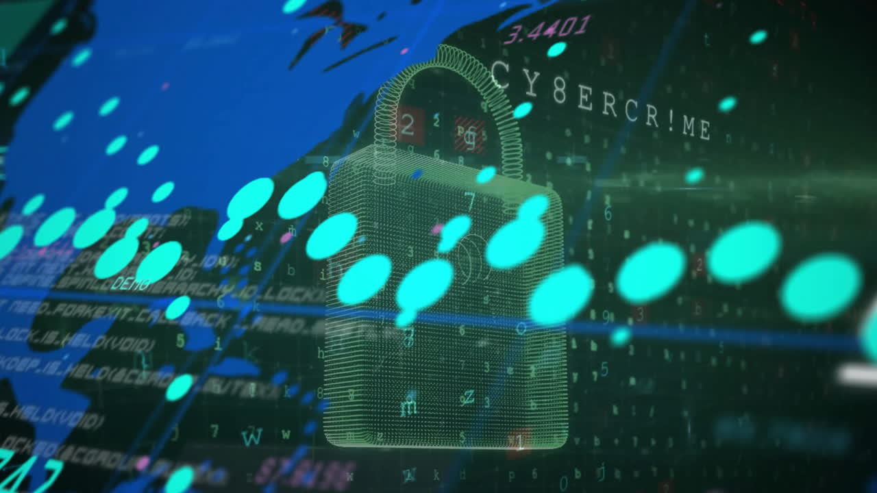 animación del procesamiento de datos digitales a través de un candado y un mapa del mundo