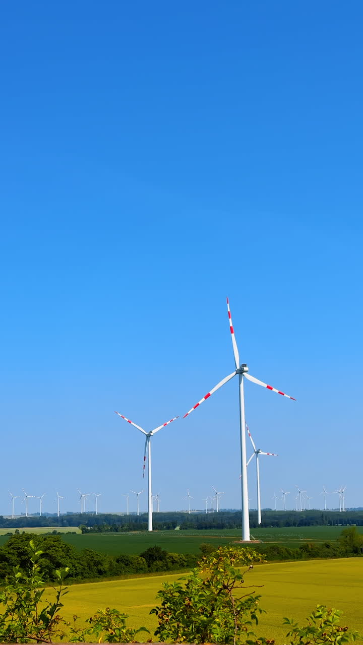 Wind turbines produce clean energy. Wind turbines stand tall against a clear blue sky, producing renewable energy in a vibrant green landscape