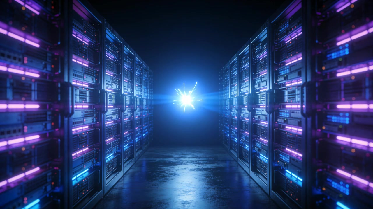 Brightening energy orb releasing starburst beams in data-center corridor, server racks reflecting