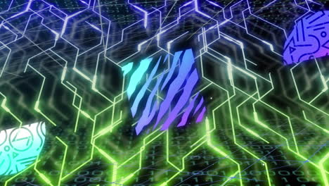 Animation of glowing icons, data processing over computer circuit board
