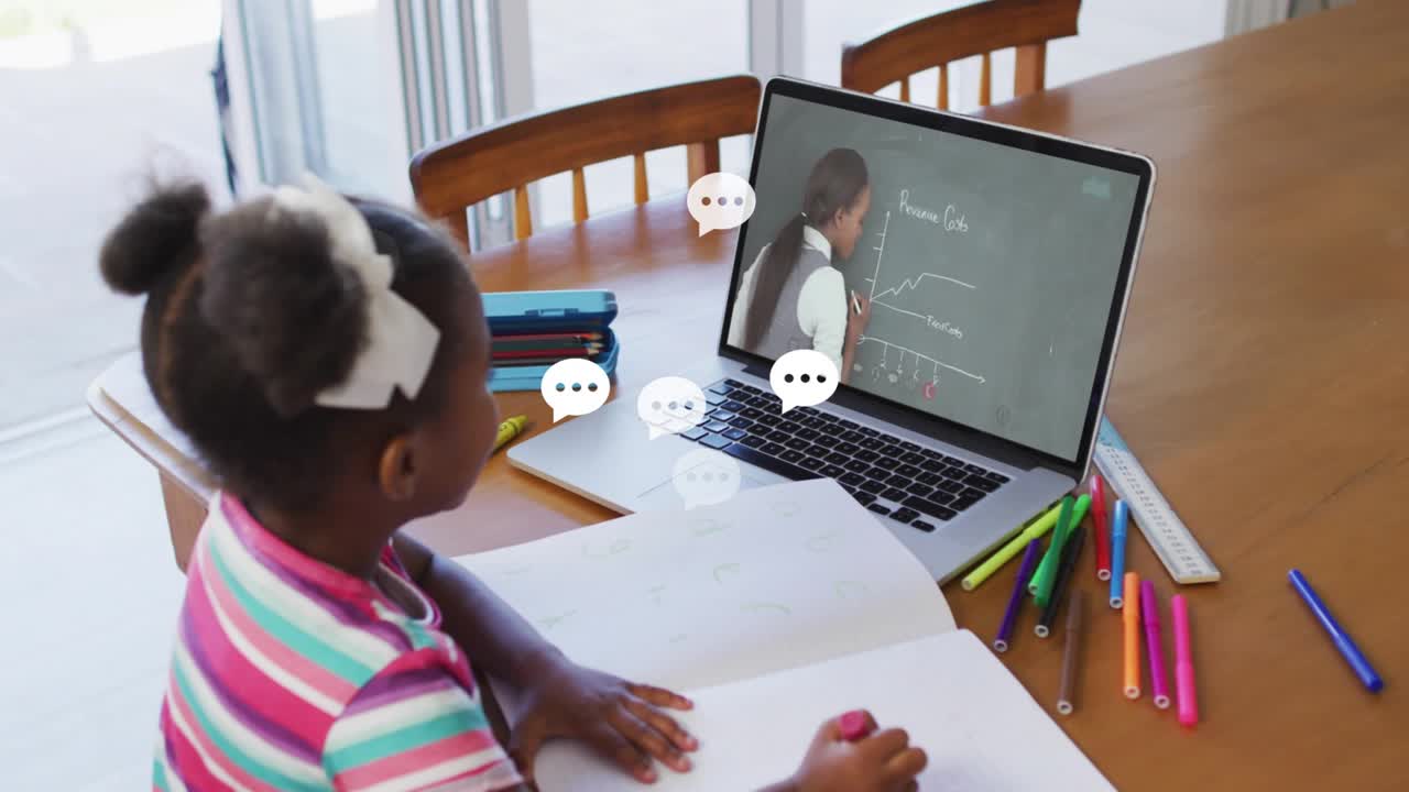 Picking pencil girl sketching, teacher drawing learning graph and chat icons exchanging then fading