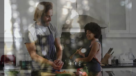 cooking together in kitchen, couple using animation with bokeh light effect