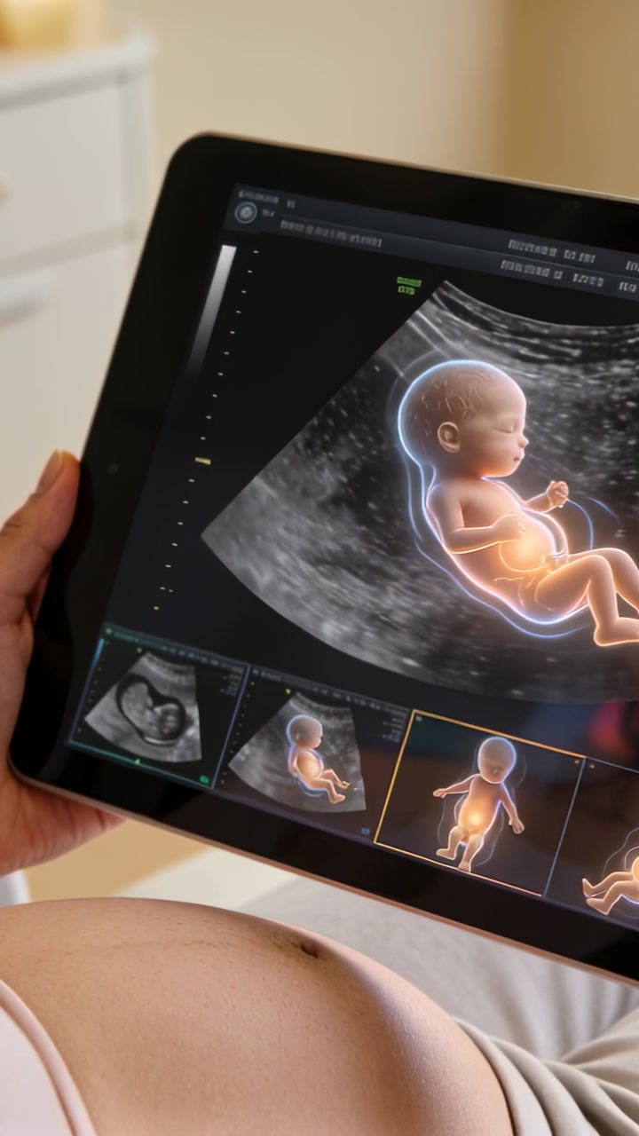 Vertical video: Tapping pregnant person with bare belly reviewing tablet in bed to examine 3D fetus
