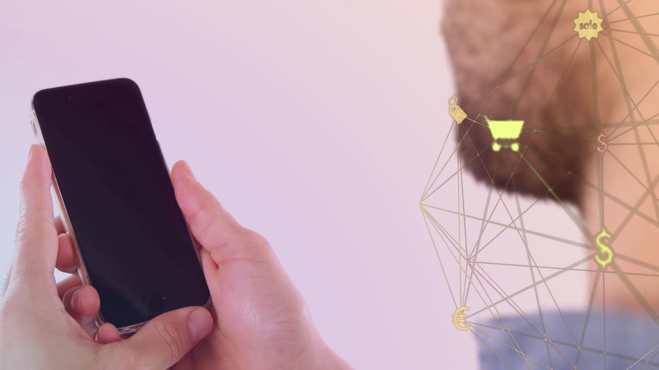animación de iconos de los medios sobre el hombre caucásico usando un teléfono inteligente