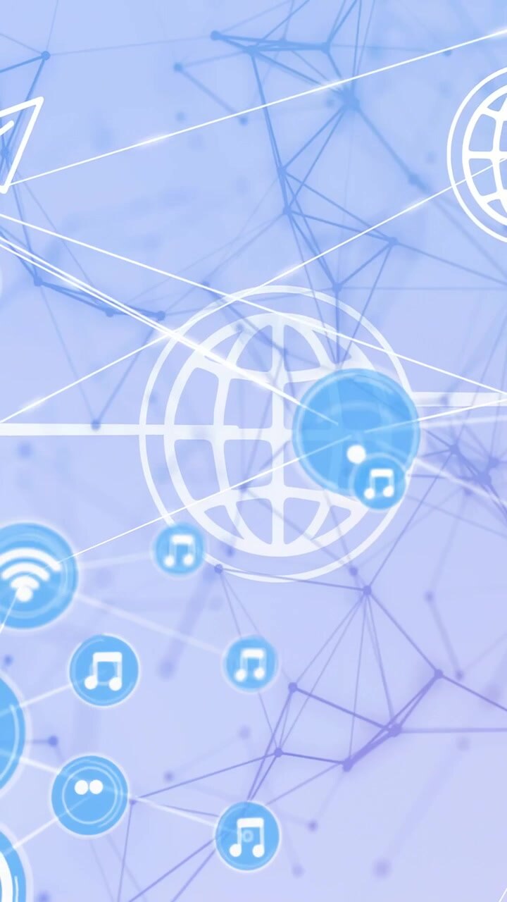 Video vertical: Hub pulsante, anillos girando, haciendo emerger iconos de wifi o música y tecnología de mapeo con
