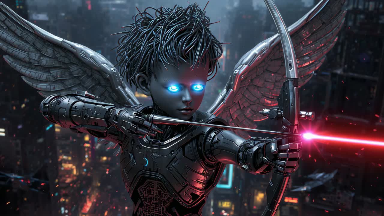 Arciere robotico corazzato dall'aspetto infantile che tende l'arco su un tetto, allineando la freccia laser per il puntamento