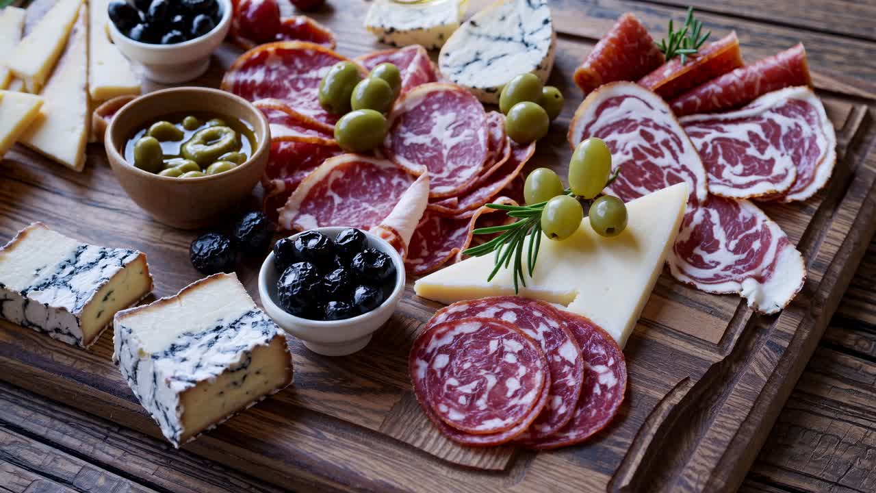 Vista dall'alto di un tagliere rustico di salumi e formaggi con salumi, formaggi e olive.