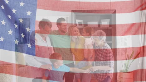 Animación-De-La-Bandera-De-Los-Estados-Unidos-De-América-Ondeando-Sobre-Una-Familia-Caucásica-Sonriente.