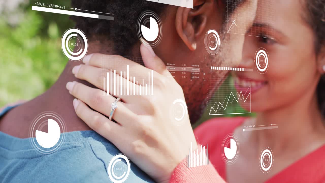 Woman holding man's neck in park HUD graphics appearing animating charts highlighting ring for tech