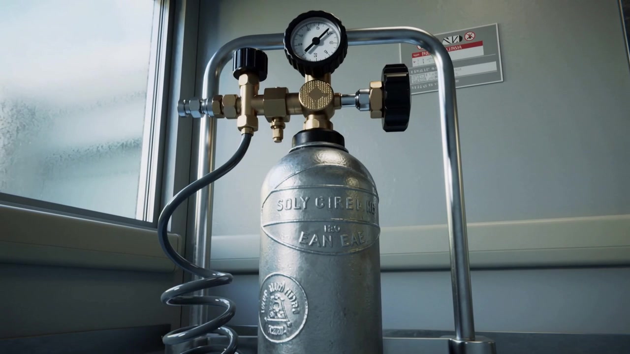 Moving camera revealing gas cylinder with brass regulator and gauge in utility room to show details