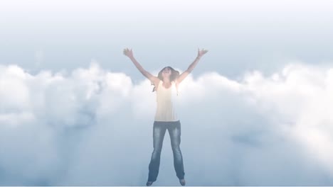 Animation-of-biracial-woman-jumping-with-arms-outstretched-over-sky-with-clouds