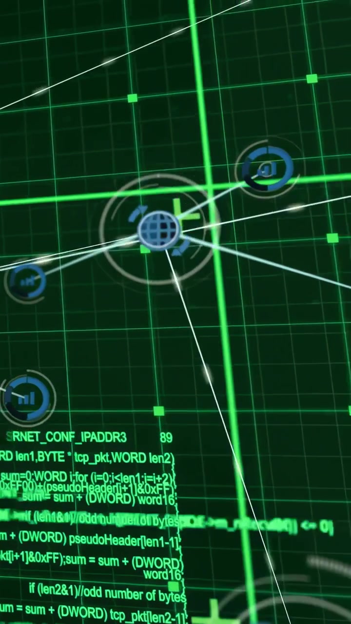 Vertical video: Globe nodes linking on green code grid with viewport panning revealing network HUD