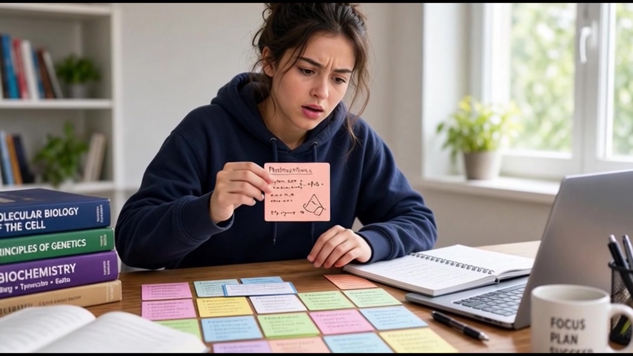 Young Student Studying Biology and Organizing Notes at Desk