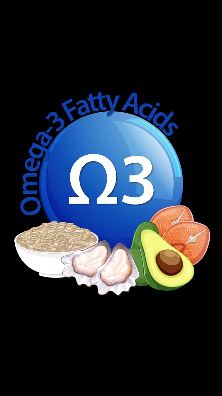 Icona blu Omega-3 si anima con testo e transita per includere fonti alimentari illustrate come salmone, avocado, cereali e noci su sfondo nero