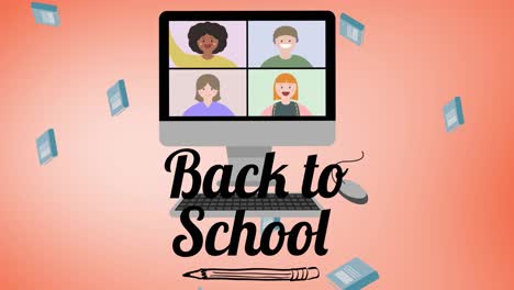 Animation-of-text-back-to-school-over-falling-notebooks-and-computer-video-call,-on-pink