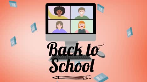 animation of text back to school over falling notebooks and computer video call, on pink