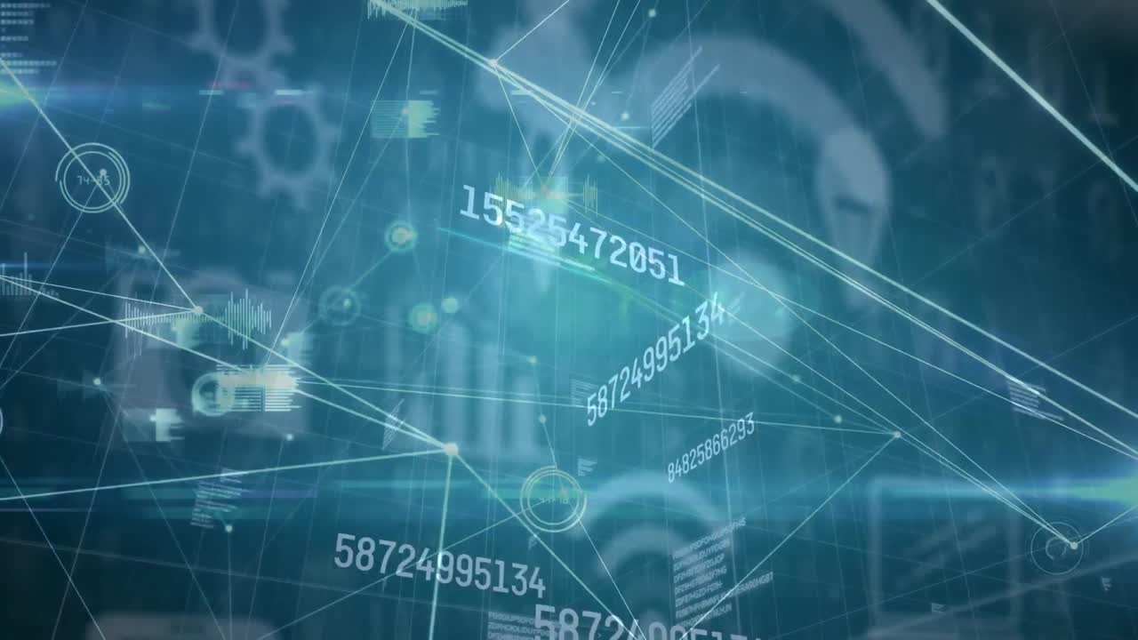 기어의 애니메이션, 증가하는 숫자 및 파란색 배경에 전기 심장 그림