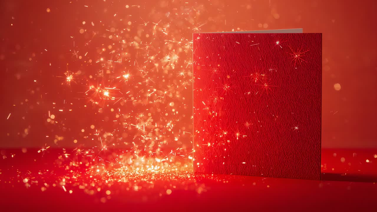 Falling gold glitter from above-left highlighting red greeting card on tabletop, copy space