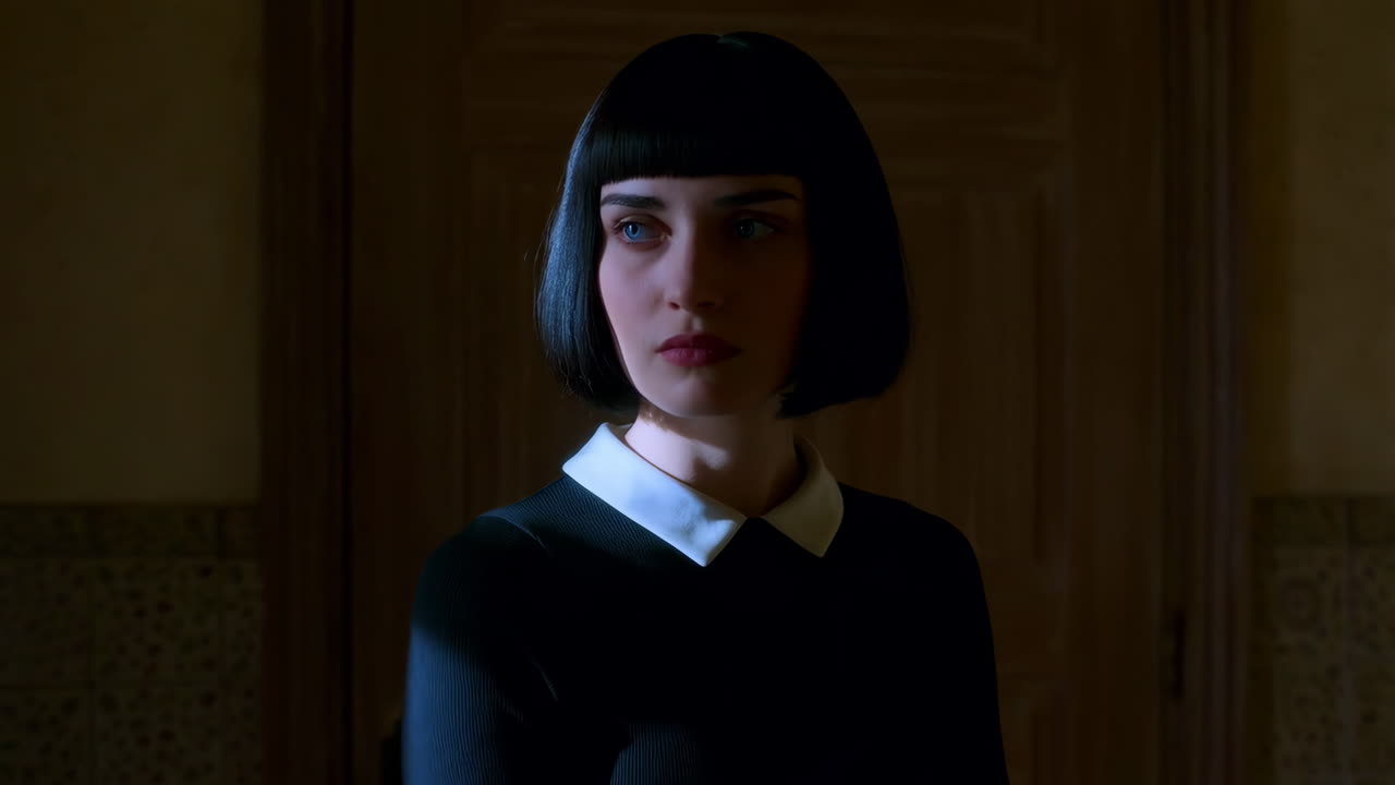 Portrait of a Woman with a Bob Haircut and White Collar Dress