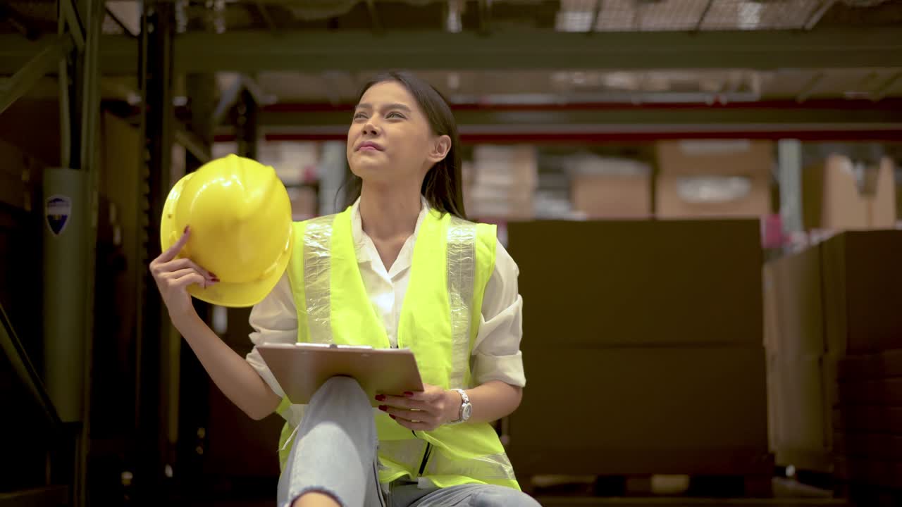 trabajadora de almacén cansada en un almacén está descansando después de un duro día de trabajo y hace calor. y mira las muchas tareas en el archivo con estrés