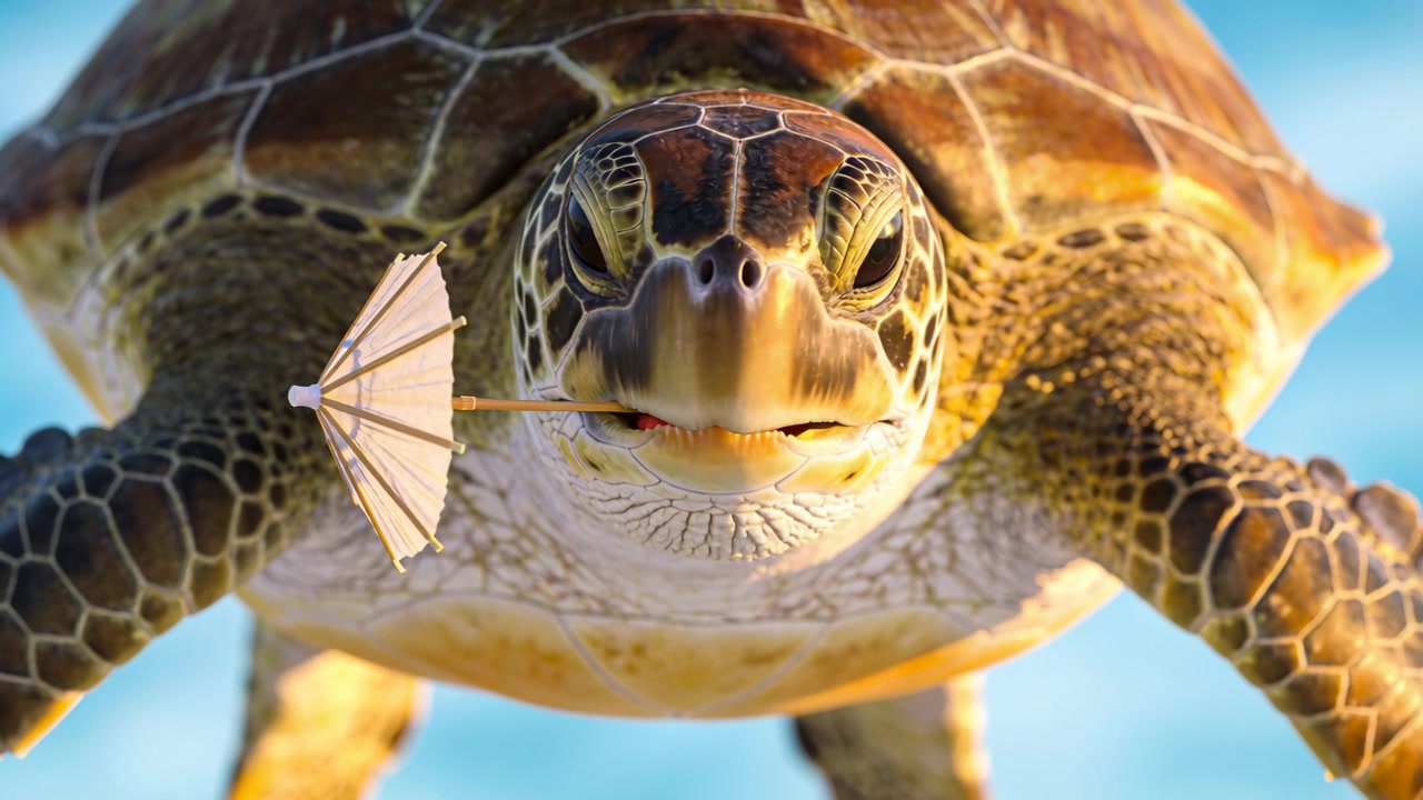 Swimming sea turtle moving toward camera in sunlit shallow water, holding paper cocktail umbrella