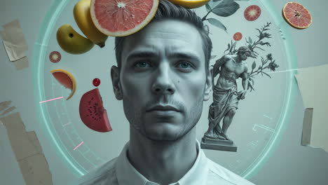 surreal conceptual portrait with fruit and classical elements