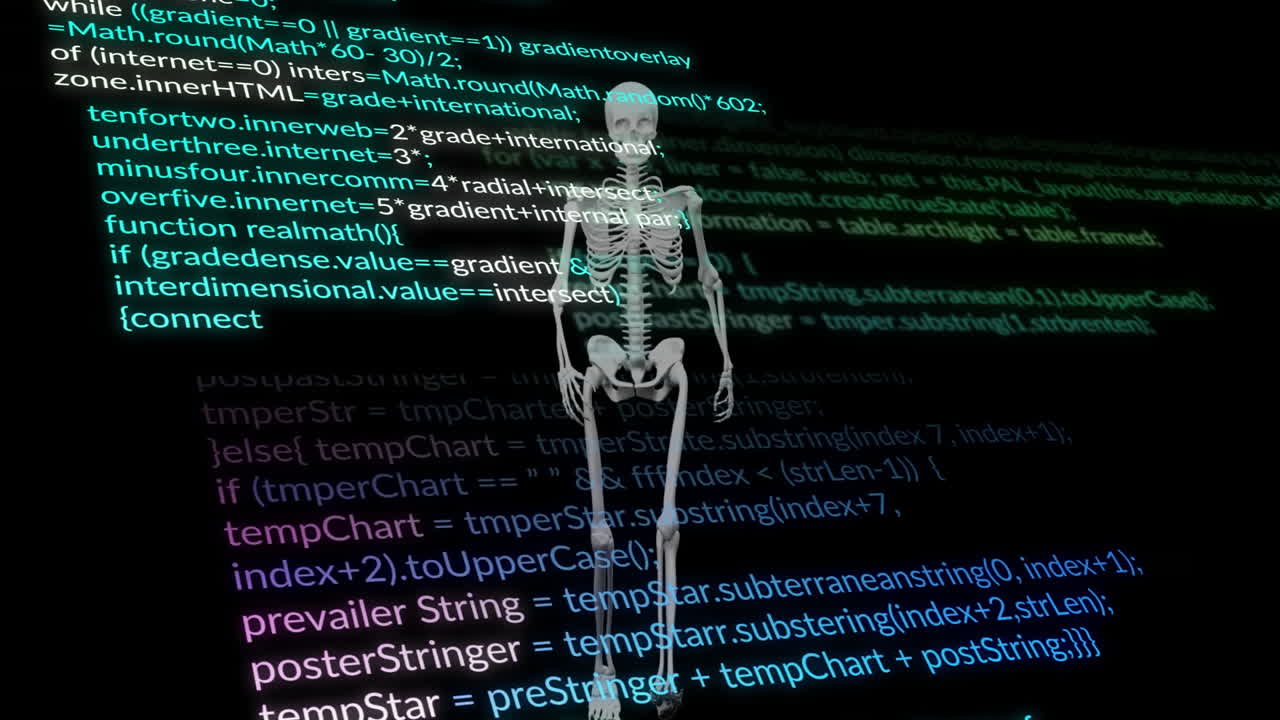 Human skeleton with programming code animation over dark background