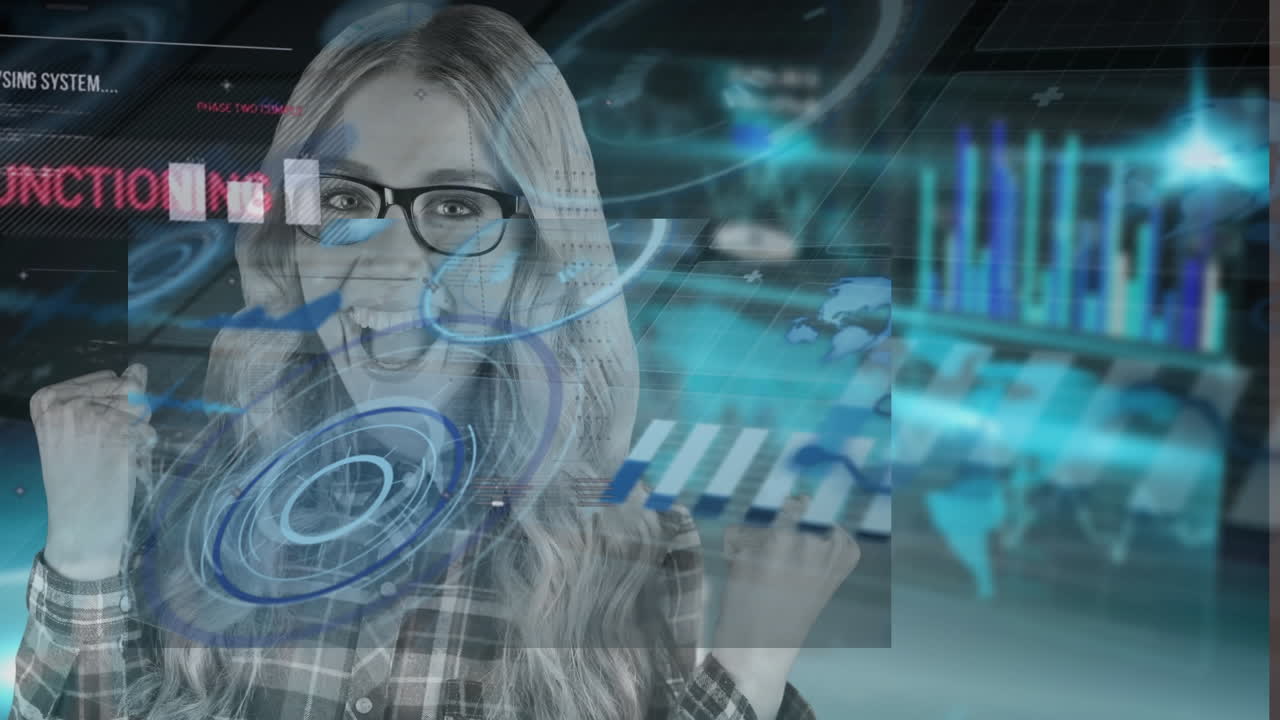 animación de diversos datos en pantallas digitales sobre mujeres caucásicas exitosas