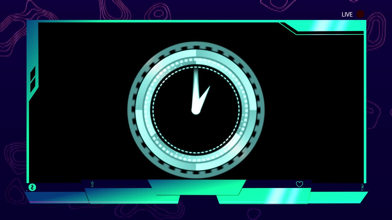 Animation of clock with rotating hands on live video feed interface with black background