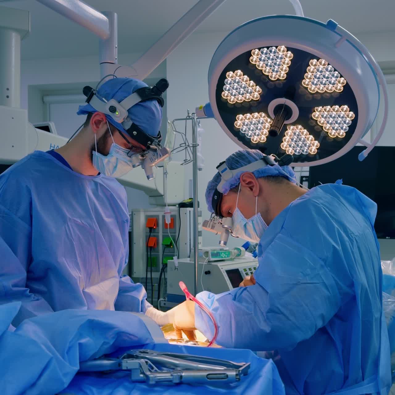 Neurochirurgia eseguita da due professionisti. Gli strumenti chirurgici preparati sono sul supporto operatorio vicino ai medici. Schermo verticale