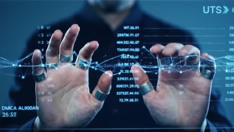 hands interacting with a digital data interface