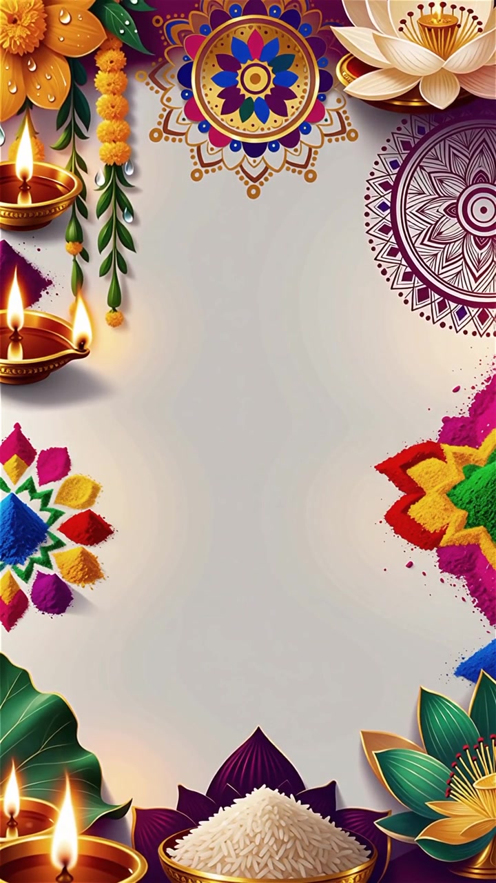 Sfondo Diwali con Diyas luminosi, Rangoli e fiori di loto