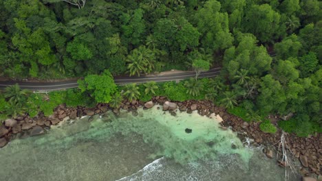 Mahé,-Seychellen,-Ein-Vorbeifahrendes-Auto-Auf-Einer-Kleinen-Küstenstraße-Zwischen-Den-Bäumen