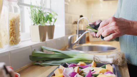 midsection of senior caucasian woman standing in kitchen and preparing dinner