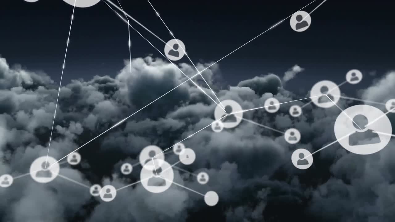 Animation of network of connections with icons over sky