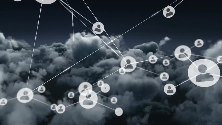 Animation of network of connections with icons over sky