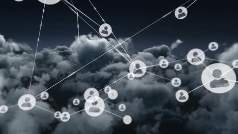 animation of network of connections with icons over sky