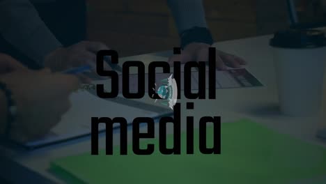 animation of social media and earth day over hands of businesspeople working