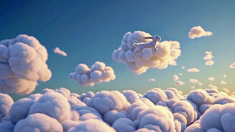 rabbit flying through fluffy clouds